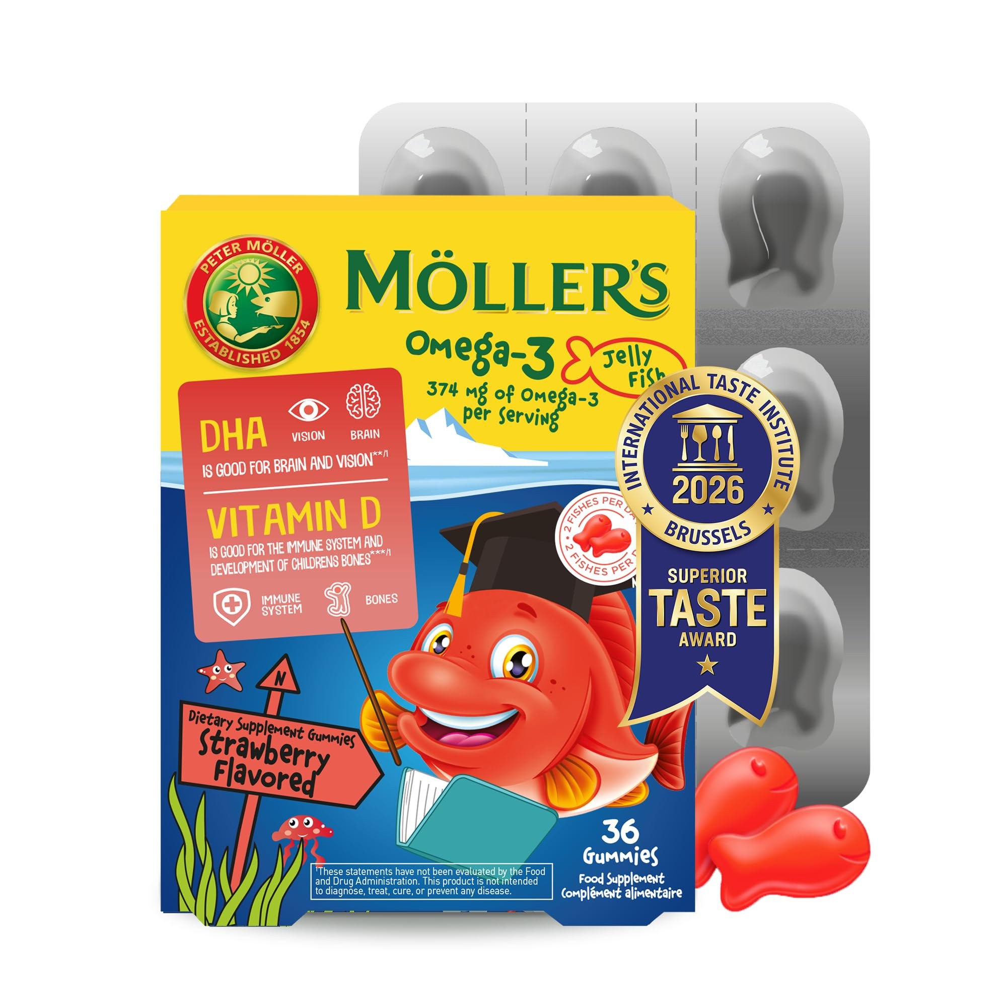 Moller’s ® | Omega 3 Per Bambini | Olio di pesce omega-3 naturale | Con DHA ed EPA, Senza glutine, lattosio o zuccheri aggiunti | Facili da masticare | Gusto fragola | 36 pezzi