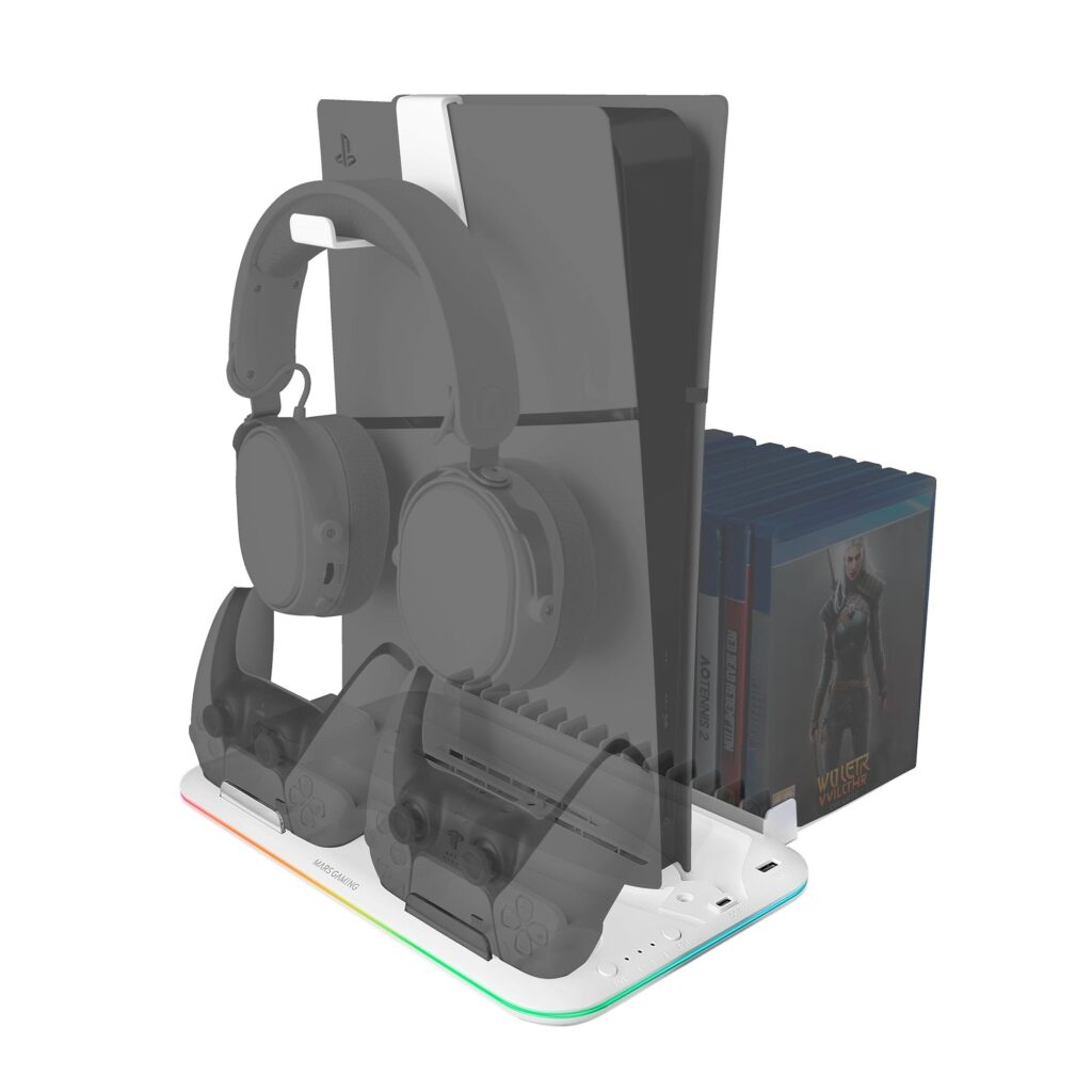 MARSGAMING MPS5-B2, Supporto RGB per PS5 Slim Standard e Digital, 1x Ventilatore, Caricatore Doppio di Controller, Illuminazione Neon RGB, Organizer per Videogiochi + Supporto per…