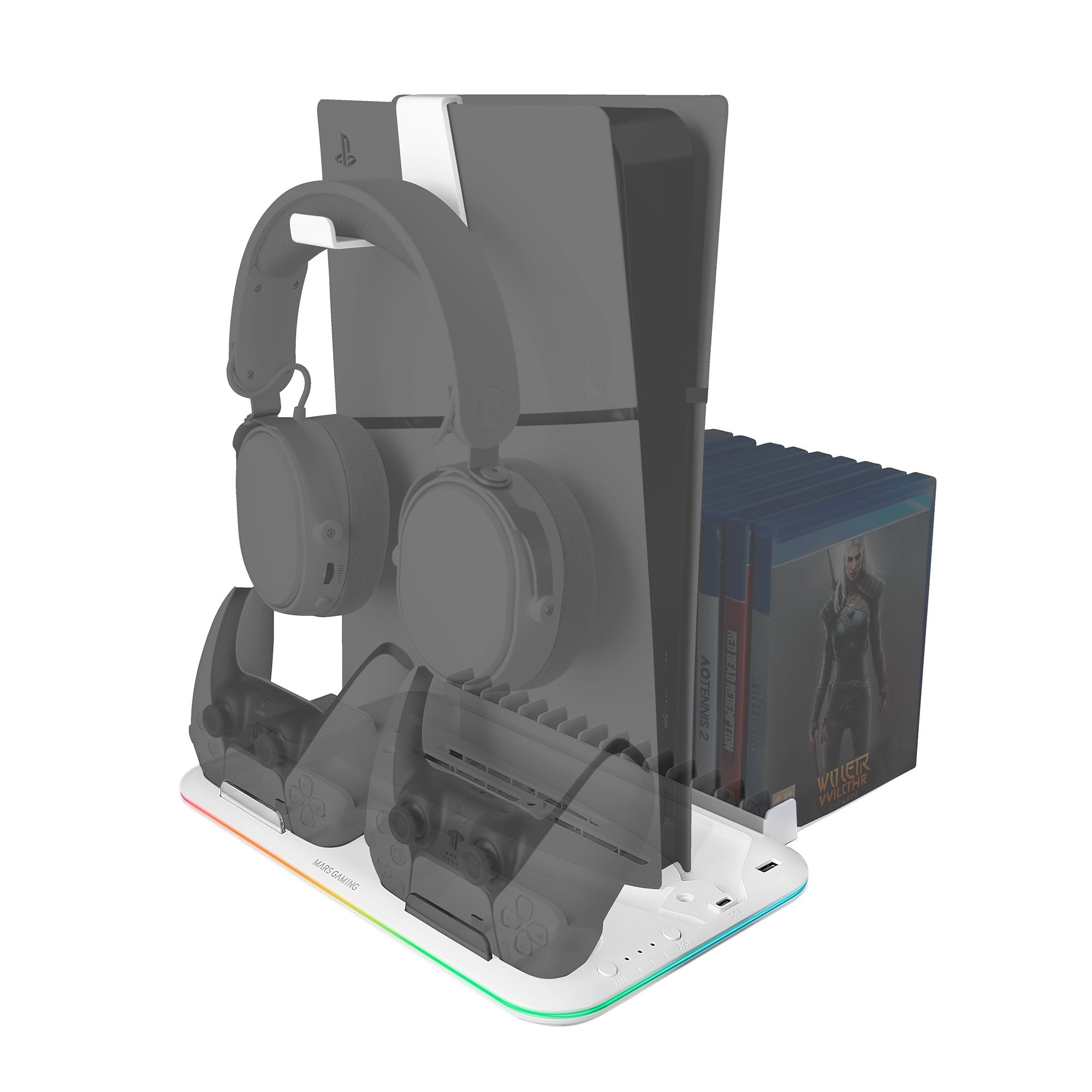 MARSGAMING MPS5-B2, Supporto RGB per PS5 Slim Standard e Digital, 1x Ventilatore, Caricatore Doppio di Controller, Illuminazione Neon RGB, Organizer per Videogiochi + Supporto per…
