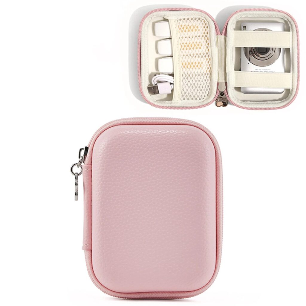 Custodia per fotocamera digitale CAMKORY, piccolo supporto per fotocamera compatto da viaggio con tasca in rete per accessori scheda SD (rosa)
