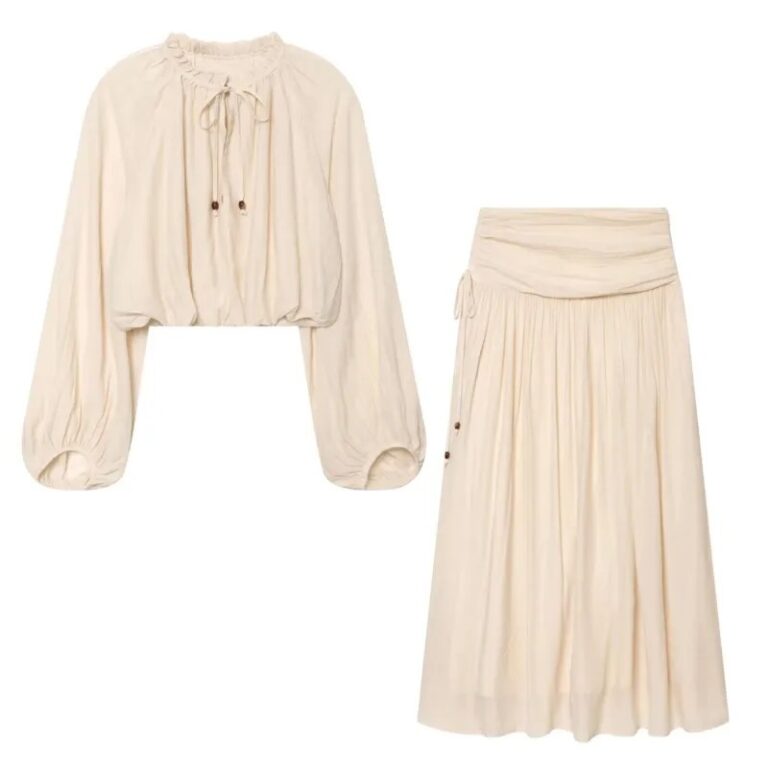 Completo gonna a pieghe da donna HipSeam, nuovo set primavera estate 2026, 2 pezzi: top semplice in pizzo a maniche lunghe + gonna midi a vita alta, outfit femminile