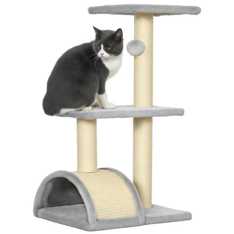 PawHut Albero Tiragraffi per Gatti a 3 Livelli 72 cm Grigio Chiaro | Tappetino Tiragraffi ad Arco, Albero per Gatti Multilivello, Trespolo, Pallina, in Legno, Peluche e Sisal