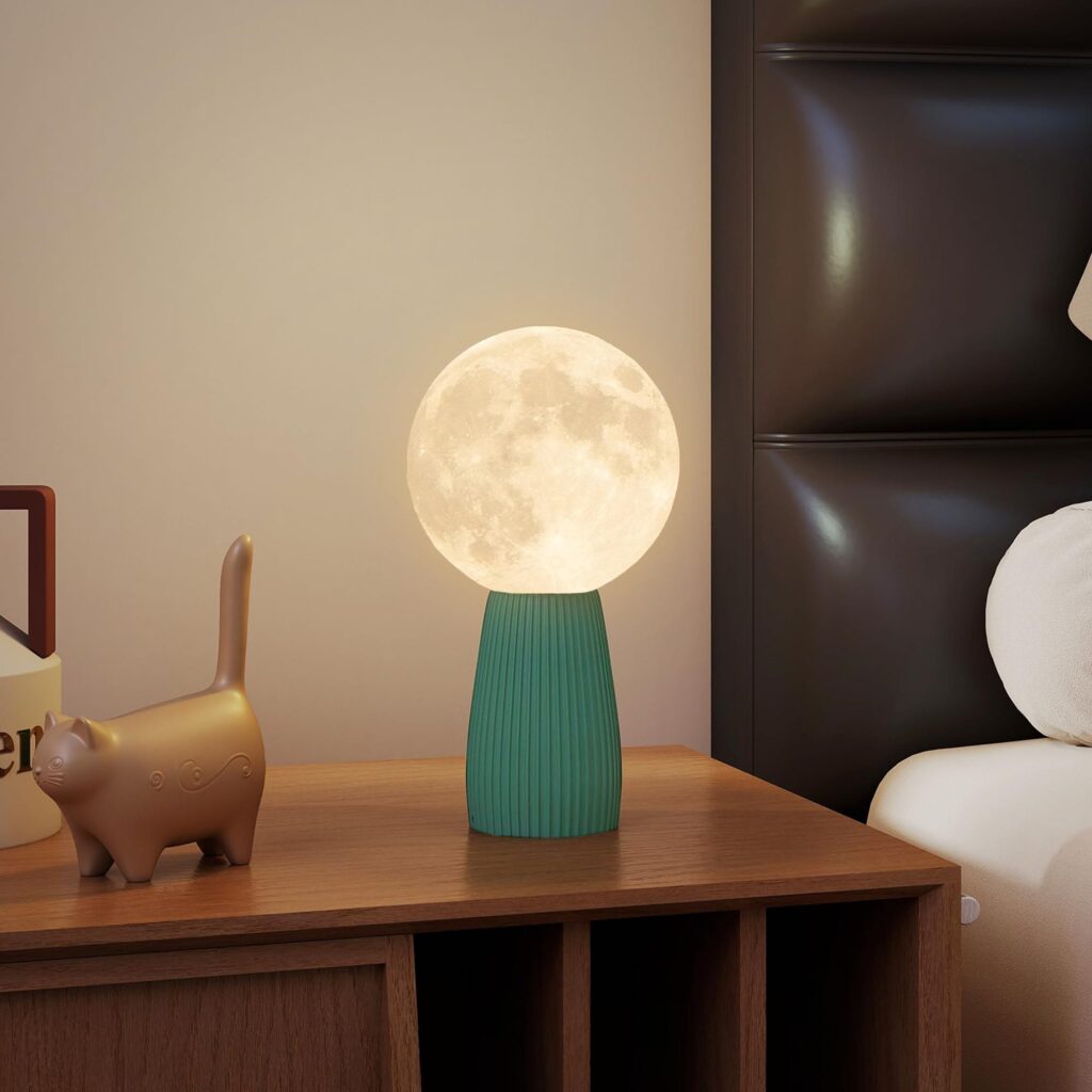 HOMCOM Lampada da Tavolo a Forma di Luna Ø15x28 cm Bianco e Verde Scuro | Stampata in 3D, 3 Colori, 10 Luminosità, Lampada da Lettura in ABS, Carina