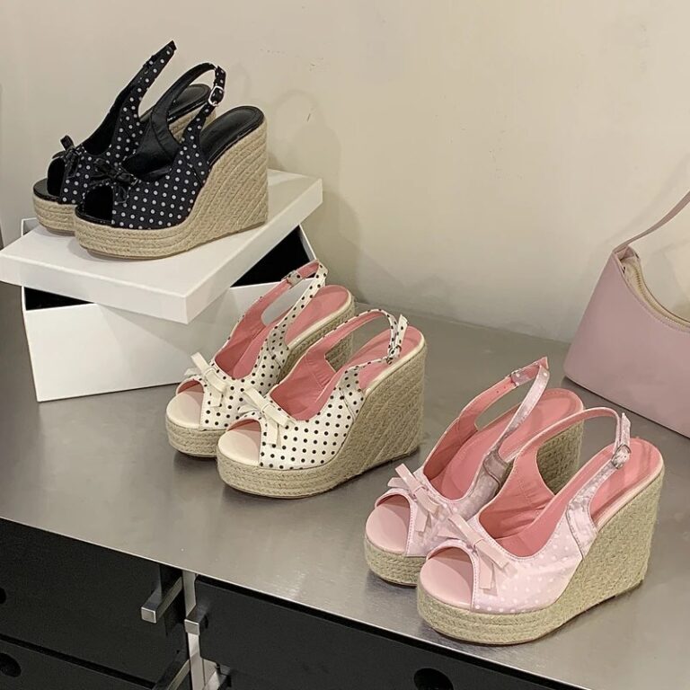 Sandali Estivi Aneikeh con Suola Spessa in Paglia Intrecciata, Tacco Alto, Stile Casual Retrò Romano, con Decorazioni a Pois e Farfalla, Zeppa e Piattaforma per Donna