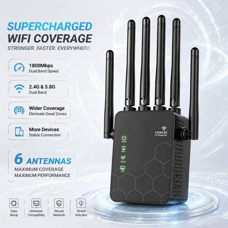 Ripetitore WiFi 1200Mbps Dual Band, Amplificatore di Segnale Wireless 5GHz e 2.4GHz ad Alta Velocità per un Accesso Internet Domestico Più Veloce