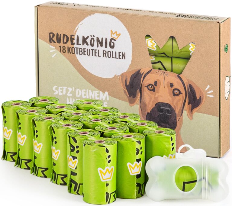 Rudelkönig Sacchetti Cane Cacca 270 Pz - con Dispenser | 95% plastica riciclata, 18 rotoli da 15 sacchettini, 23x33 cm, senza profumo, adatti a cani di ogni taglia
