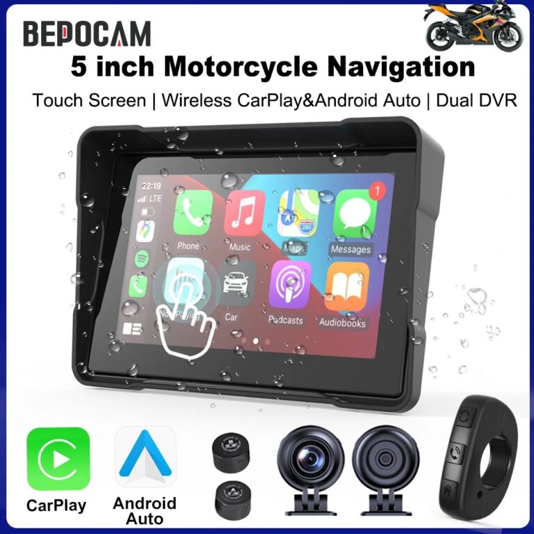 BEPOCAM Schermo di Navigazione GPS Portatile da 5 Pollici per BMW con CarPlay Wireless e Android Auto, Impermeabile IPX7, Bluetooth Moto, Doppio Registratore DVR