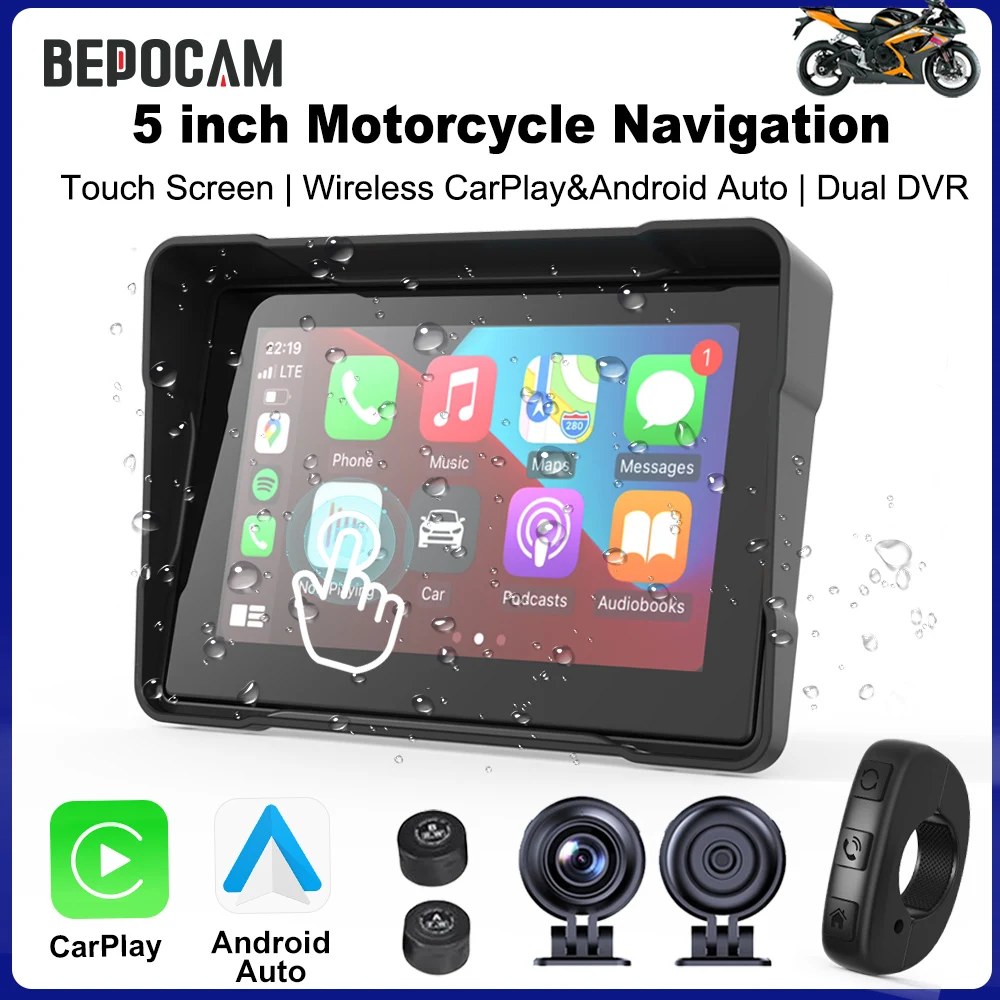 BEPOCAM Schermo di Navigazione GPS Portatile da 5 Pollici per BMW con CarPlay Wireless e Android Auto, Impermeabile IPX7, Bluetooth Moto, Doppio Registratore DVR