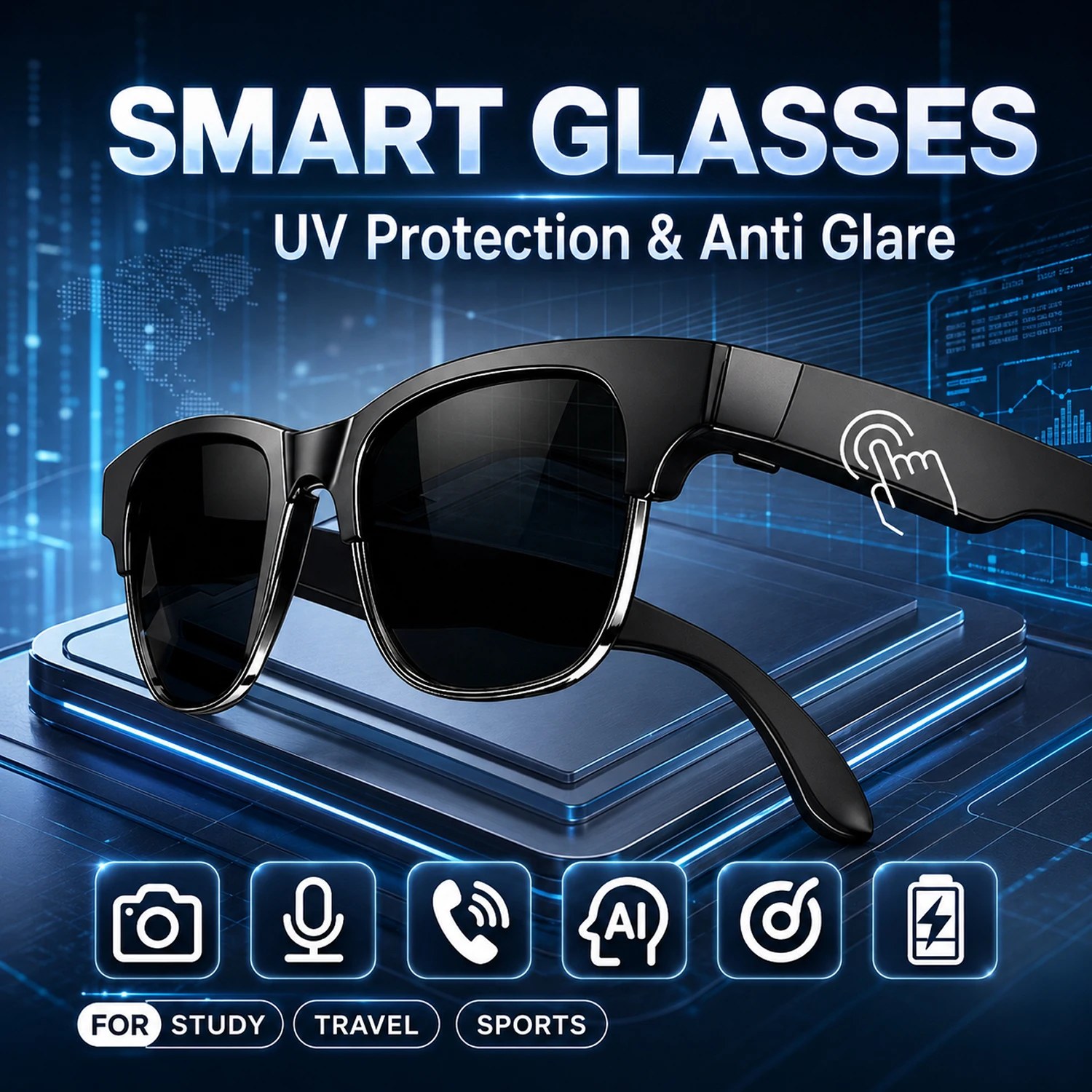 Occhiali Intelligenti con Chiamate Hands-Free, Chat AI, Registrazione, Riproduzione Musicale, Occhiali da Sole Bluetooth per Uomo, Controllo Touch, Selfie, Anti-Riflesso