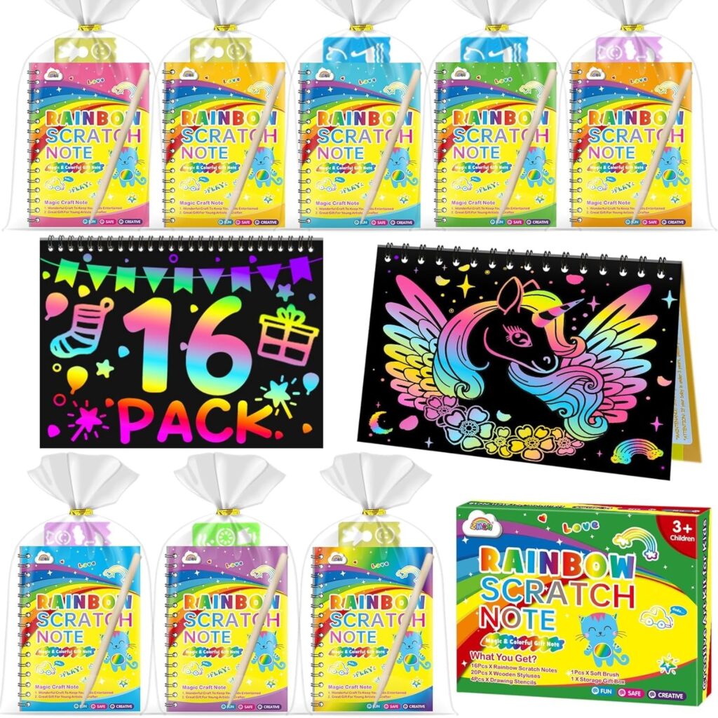 ZMLM Scratch Book Gadget Compleanno Bambini 3-12 Anni | Set 16 Scratch Book + Stencil + Penna in Legno-Lavoretti Creativi Regalini Fine Festa Compleanno | Regali pe ralunni Bambini