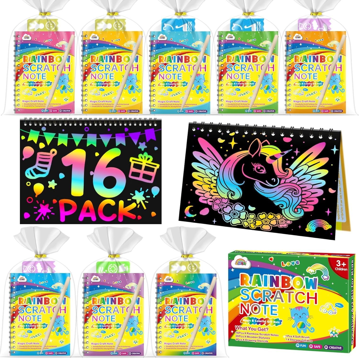ZMLM Scratch Book Gadget Compleanno Bambini 3-12 Anni | Set 16 Scratch Book + Stencil + Penna in Legno-Lavoretti Creativi Regalini Fine Festa Compleanno | Regali pe ralunni Bambini