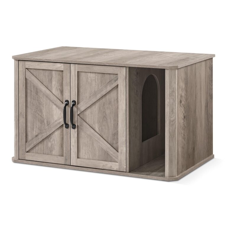 Feandrea Mobile per Lettiera, Nascosto, Doppie Porte, 85 x 49 x 50 cm | Casetta per Gatti, Tavolino Laterale, con Ingresso Frontale, Maniglie, Greige Melange, Collezione HAINS PCL…
