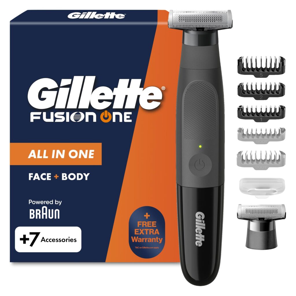 Gillette Fusion One Rasoio Elettrico Uomo Barba e Corpo, 7 Accessori, Nero | 3 Pettini Barba, 1 Pettine Corpo, Testina Oscillante, Lama Ricambio, Rasoio Corpo, Impermeabile, Senza…