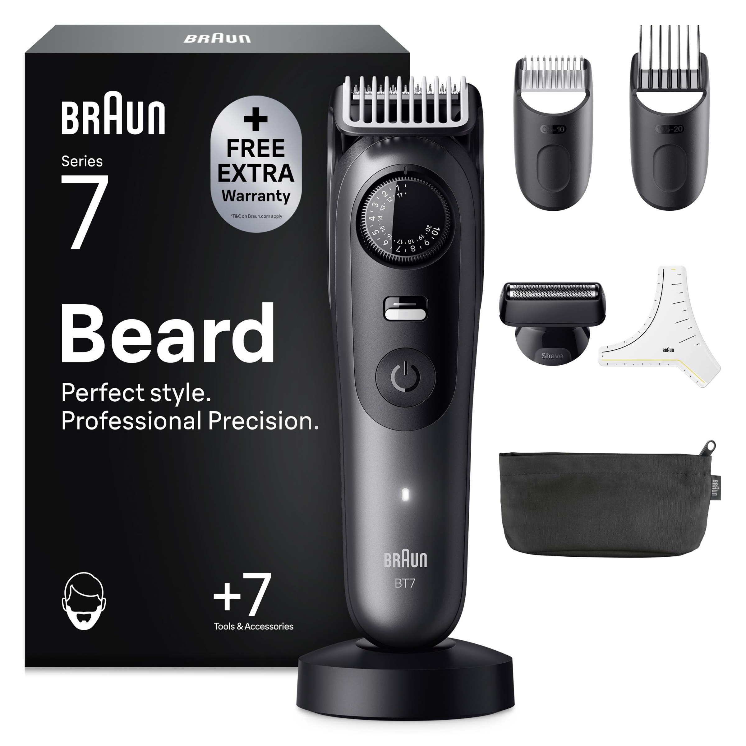 Braun Serie 7 Regolabarba Uomo, 7 Accessori, Custodia BT7525 Grigio | Rasoio Elettrico Barba con Lama Problade Affilata a Vita, 7 Strumenti da Barbiere, 40 Lunghezze, Impermeabile…