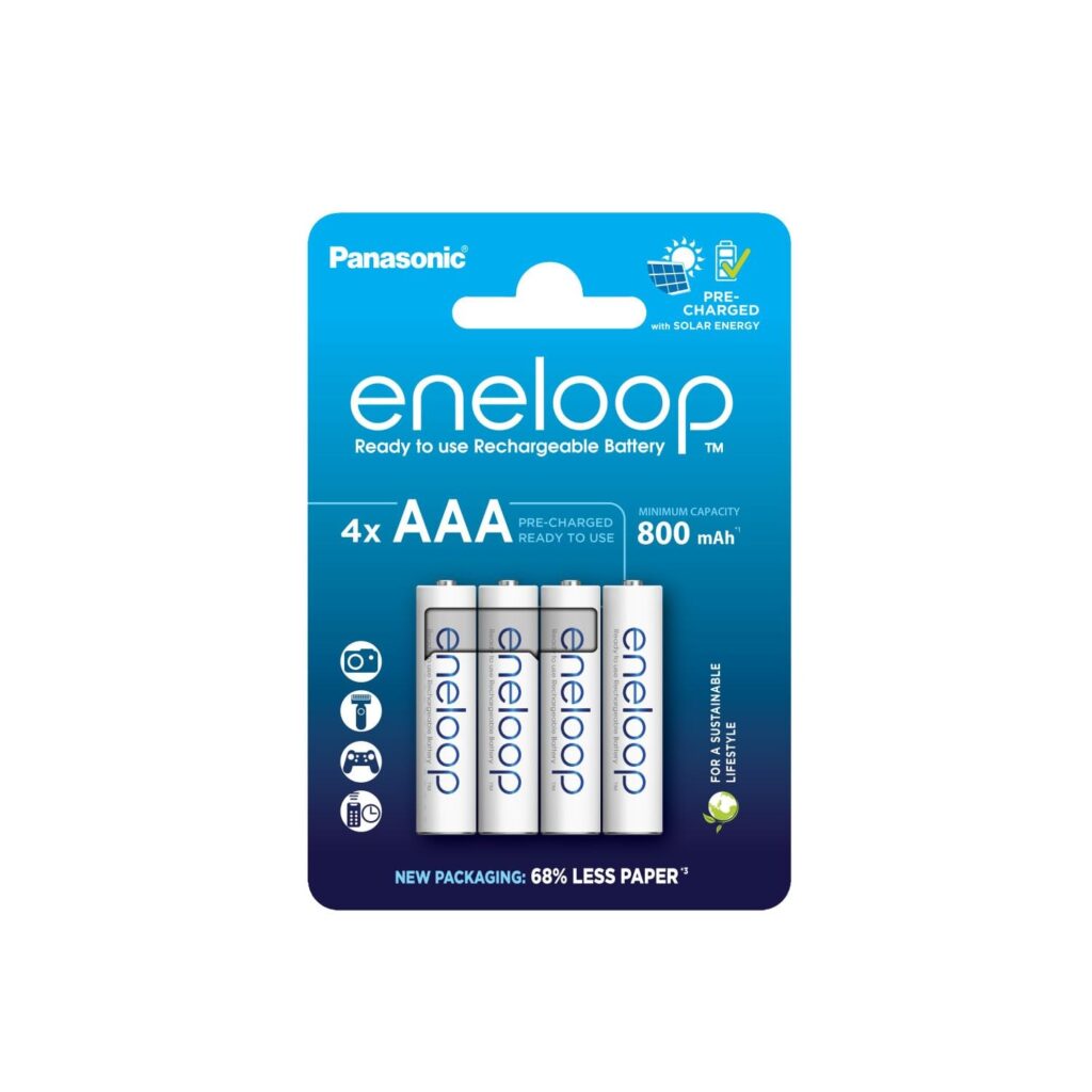 eneloop - Batterie Ricaricabili AAA (Confezione da 4) - 800 mAh NiMH | Batterie Ni-MH, Pronte all'Uso, Ricaricabili Fino a 2000 Volte, Confezione Senza Plastica, Standard, Bianche