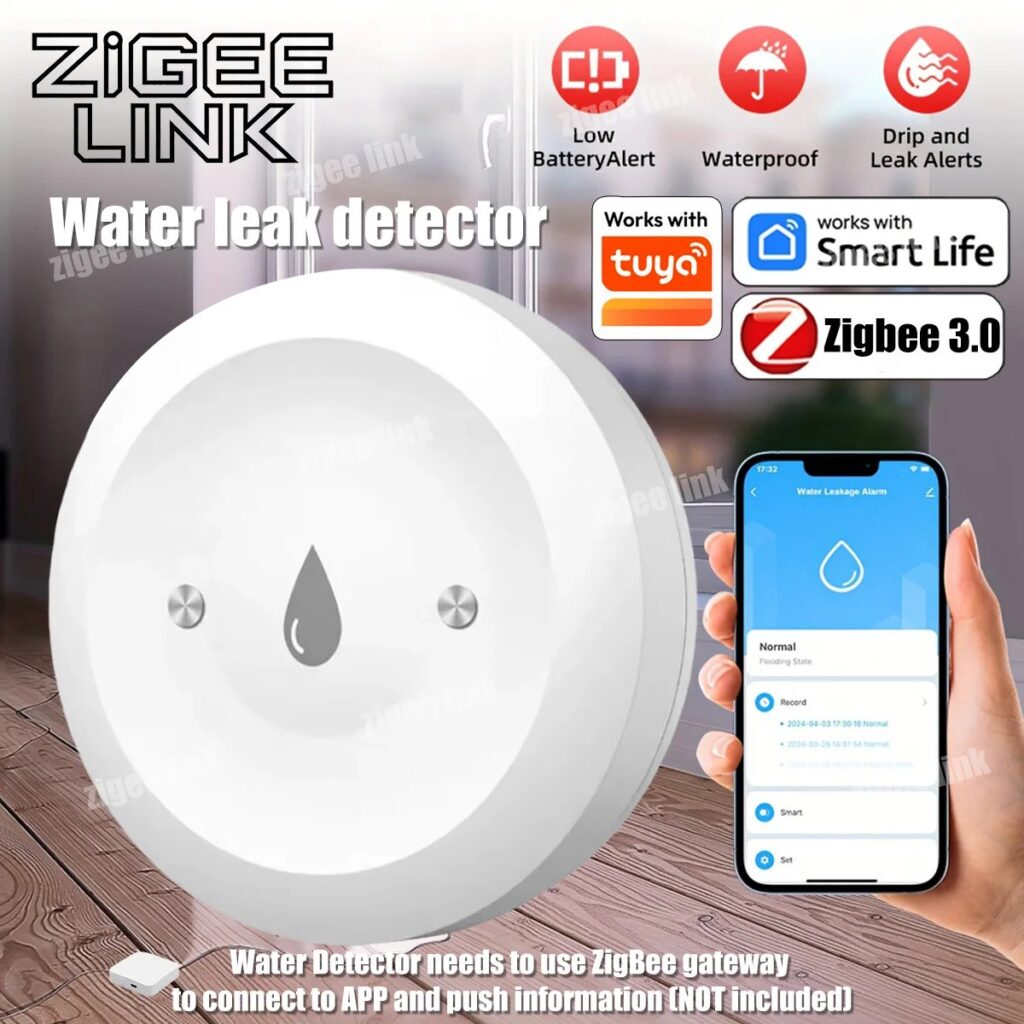 Sensore d'Acqua ZigBee 3.0, Rilevatore Intelligente di Perdite, Allarme per Inondazioni Compatibile con Gateway Tuya Zigbee