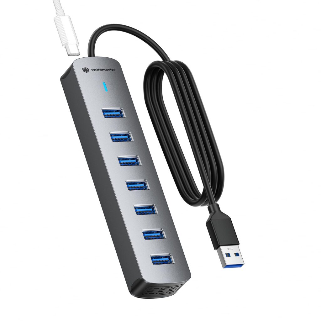 Yottamaster Hub USB 3.0 a 7 porte con cavo da 50 cm per desktop, splitter USB in alluminio da 5V3A, adattatore multiporta da 5 Gbps con porta USB-A per PC, laptop da 5V3A, MacBook