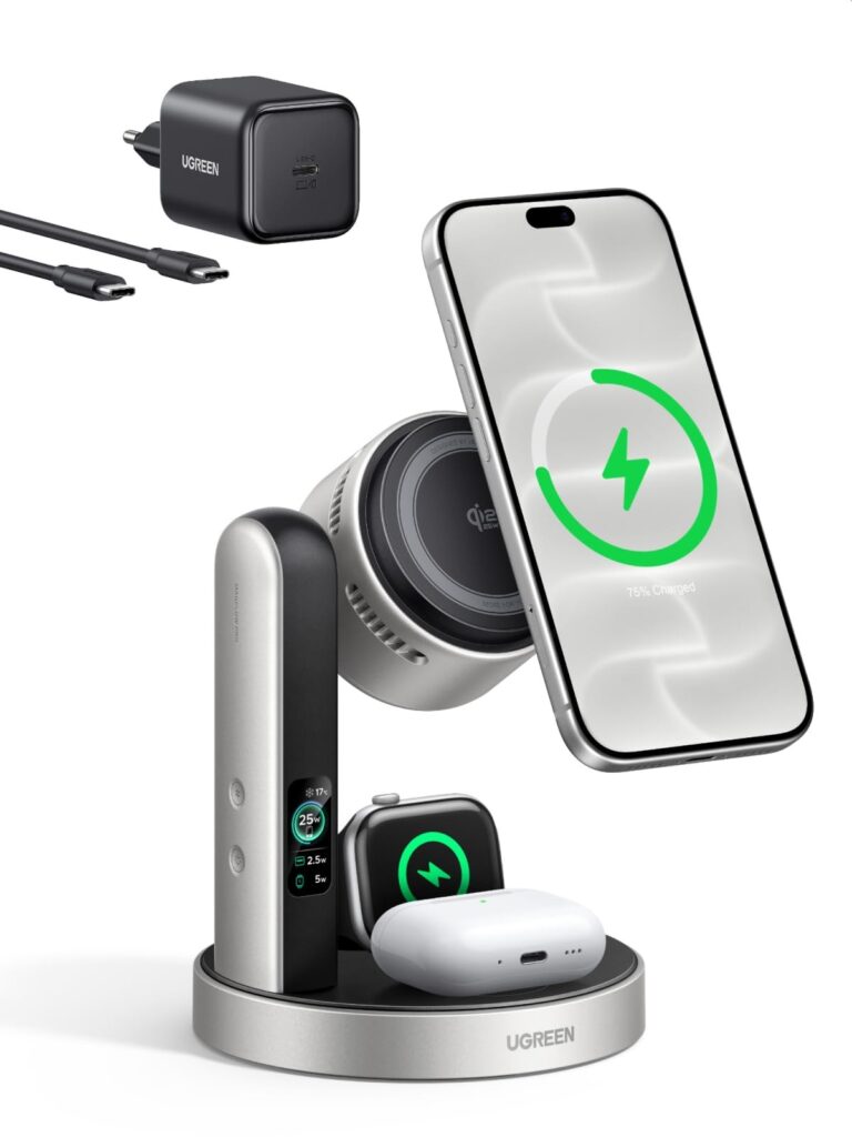 UGREEN MagFlow Pro 3 in 1 Caricatore Wireless Qi2 25W, Ventilatore TEC | Compatibile con iPhone 18-12 Air/Plus/Pro/Max, iWatch 12-6/Ultra 2/Ultra/SE 2/SE, AirPods 5/4/3/2/Pro 2/Pr…