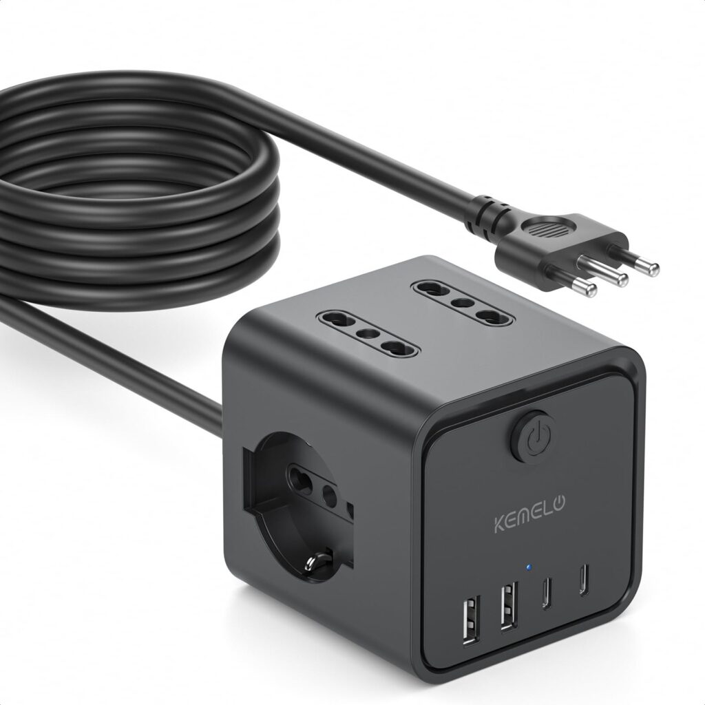 Ciabatta Elettrica Multipresa con 4 Prese Universali 10/16A ITA e Schuko,3 M Prolunga Elettrica con 2 USB A+2 USB C,Presa Multipla Spina Piatta Salvaspazio con Interruttori per Ca…