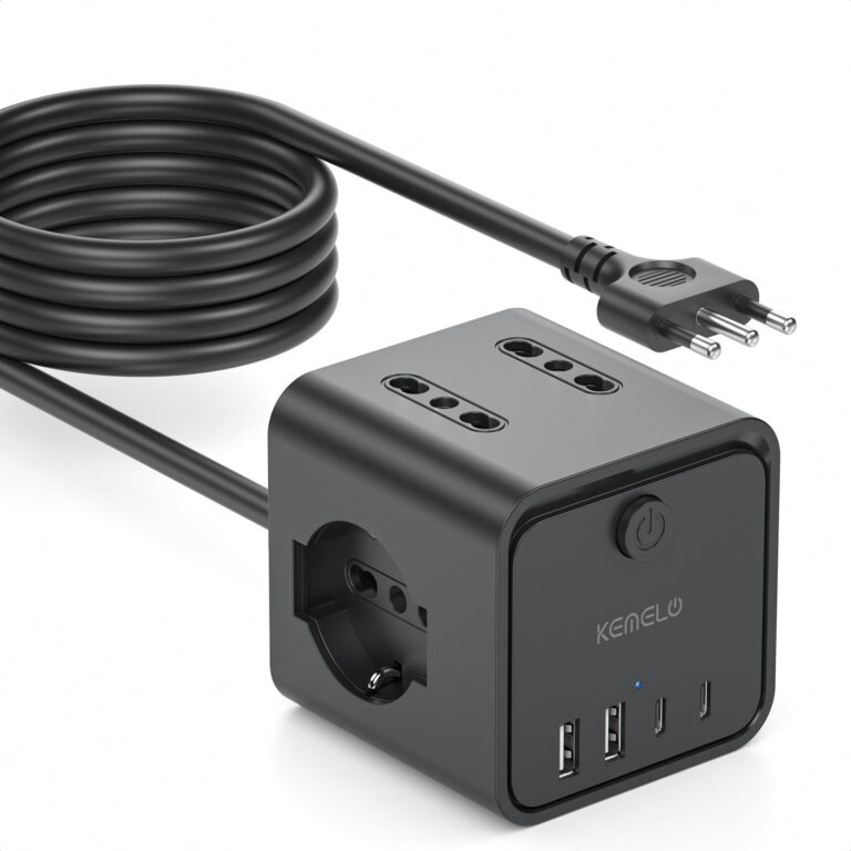 Ciabatta Elettrica Multipresa con 4 Prese Universali 10/16A ITA e Schuko,3 M Prolunga Elettrica con 2 USB A+2 USB C,Presa Multipla Spina Piatta Salvaspazio con Interruttori per Ca…