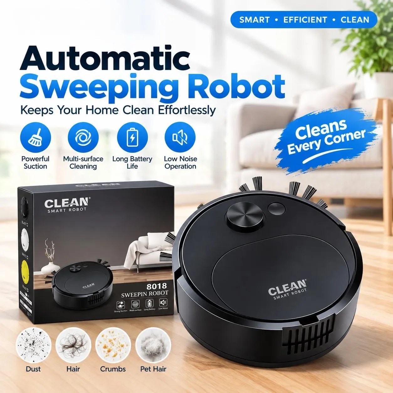 NUOVO Robot Aspirapolvere e Lavapavimenti USB 3 in 1, Smart Wireless 1500Pa, per Pulizia e Lavaggio Pavimenti in Casa e Ufficio