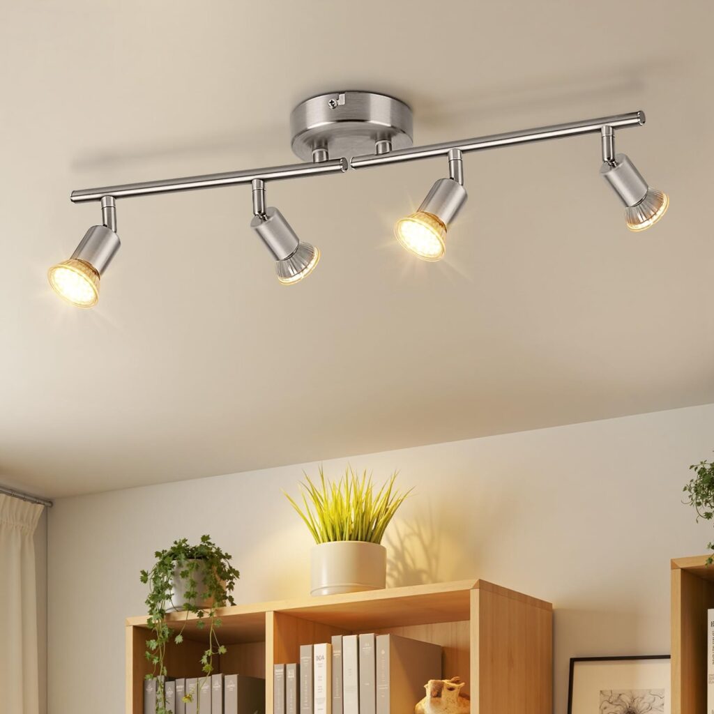 Ketom Faretti LED Soffitto GU10, Faretto LED Interno Orientabile 4 Luci | Binario Faretti Soffitto Industriale, Nichel, Lampadario Faretto Cucina, Lampade da Parete per Soggiorno,…