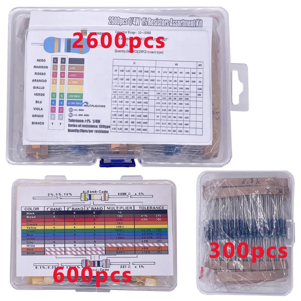 Set di Resistori da 300/600/2600 Pezzi, 1% di Precisione, 1/4W, a Film Metallico, da 10 Ohm a 1M Ohm, 30/130 Valori, Kit di Componenti Elettronici