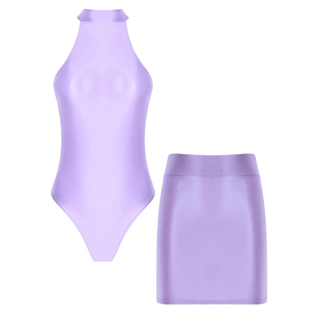 Abiti da donna lucidi Costumi da bagno Senza maniche Cerniera posteriore Body Body con gonne elastiche per Club Dance Raves Party Nightwear