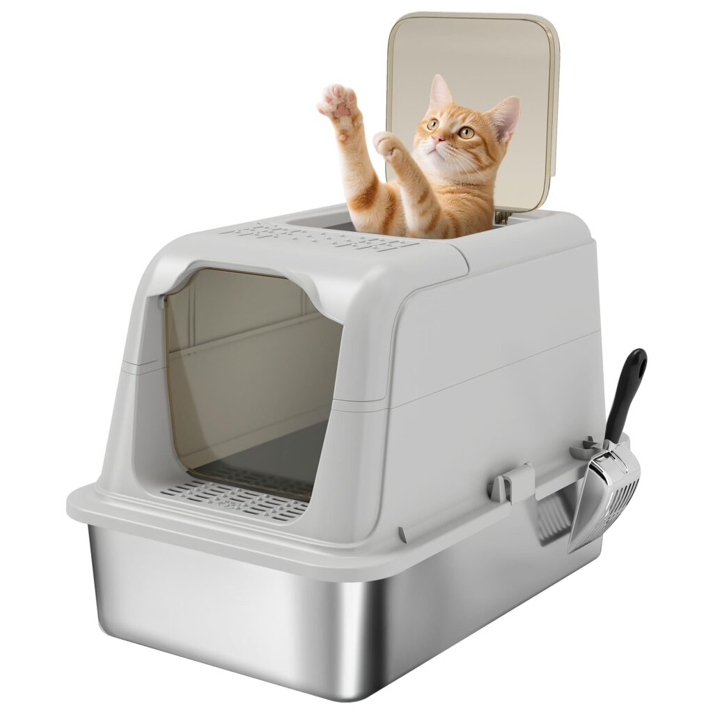 PawHut Lettiera per Gatti Chiusa 2 Ingressi 60.4x40.4x41.8 cm Grigio Chiaro | Toilette per Gatti Grandi, Entrata Frontale e Uscita Superiore, Paletta, Sacchetto Deodorante, Facile…