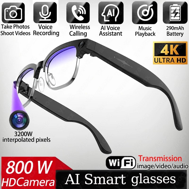 Occhiali Smart AI 4K con Fotocamera 8MP, Registrazione Video, Riconoscimento Foto, Traduzione, Chiamate BT, Lenti Fotocromatiche, Impermeabili