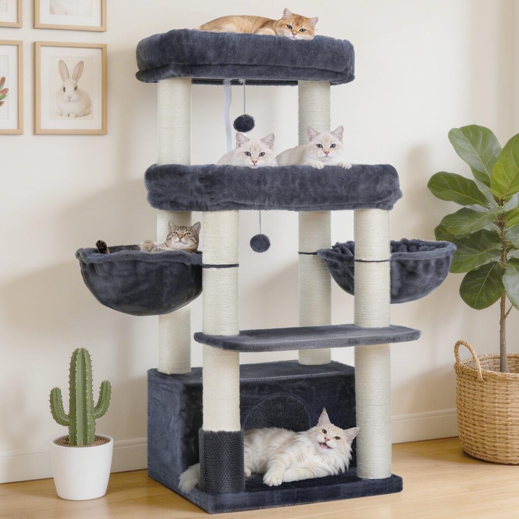 Hey-brother Tiragraffi per Gatti, Colonna sisal 8cm spessa, Cuccia, MPJ02G | 130cm Albero per Gatti, 2 Piattaforme, 2 Ceste, Spazzola per animali, Ideale per gatti taglia grande d…