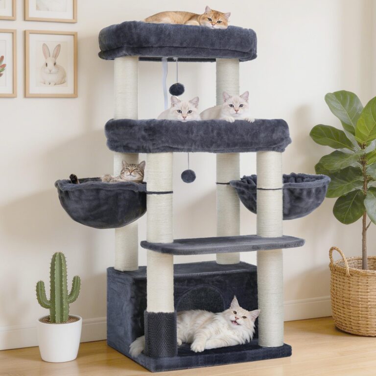 Hey-brother Tiragraffi per Gatti, Colonna sisal 8cm spessa, Cuccia, MPJ02G | 130cm Albero per Gatti, 2 Piattaforme, 2 Ceste, Spazzola per animali, Ideale per gatti taglia grande d…