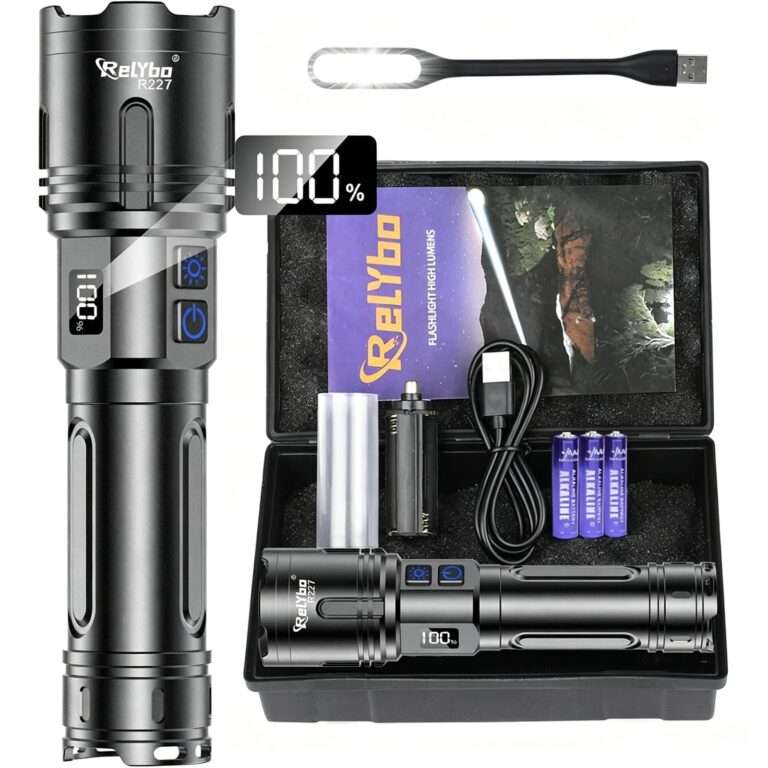 Relybo Torcia LED Potente Professionale 1,000,000 Lumens Ricaricabile USB C | Torcia Potente 30W 2 Interruttori, Infinitamente Dimmerabile XHM90.2 Chip, IPX6 Flashlight Per Campeg…