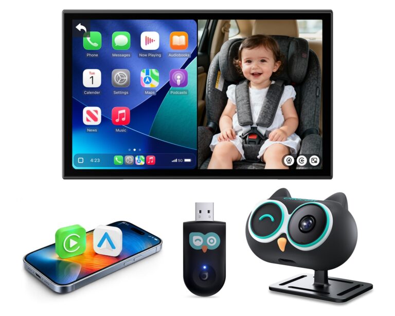 OTTOCAST Telecamera Bambino Auto con Senza Fili CarPlay & Android Auto, Cabin Care Monitor Sedile Posteriore per Bambini & Animali, Visione Notturna 1080P, Grandangolo 150°, Scher…