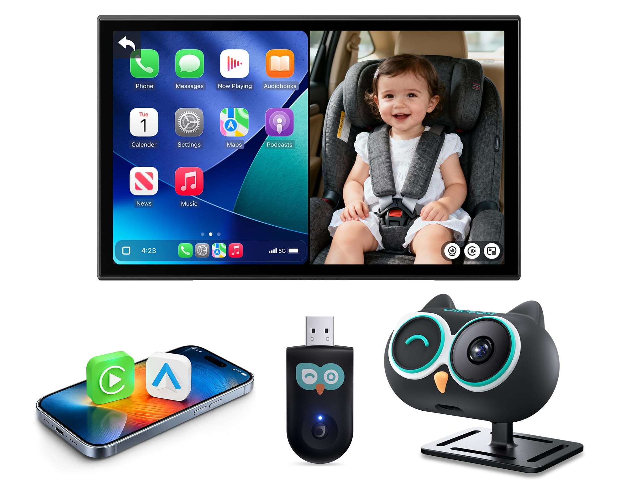 OTTOCAST Telecamera Bambino Auto con Senza Fili CarPlay & Android Auto, Cabin Care Monitor Sedile Posteriore per Bambini & Animali, Visione Notturna 1080P, Grandangolo 150°, Scher…