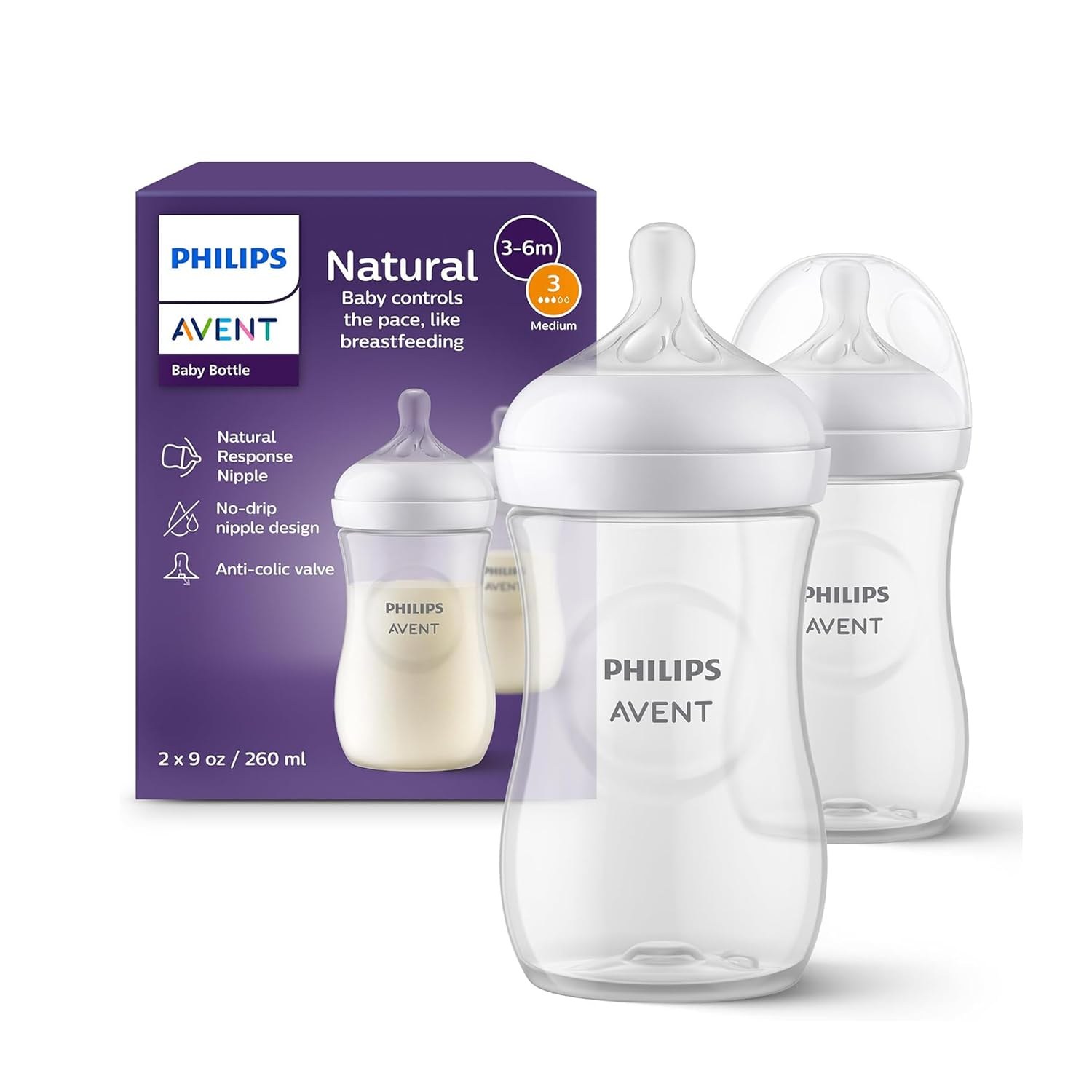 Philips Avent Biberon Natural Response - 2 biberon da 260 ml per neonati da 1 mese in su, senza BPA (modello SCY903/02)