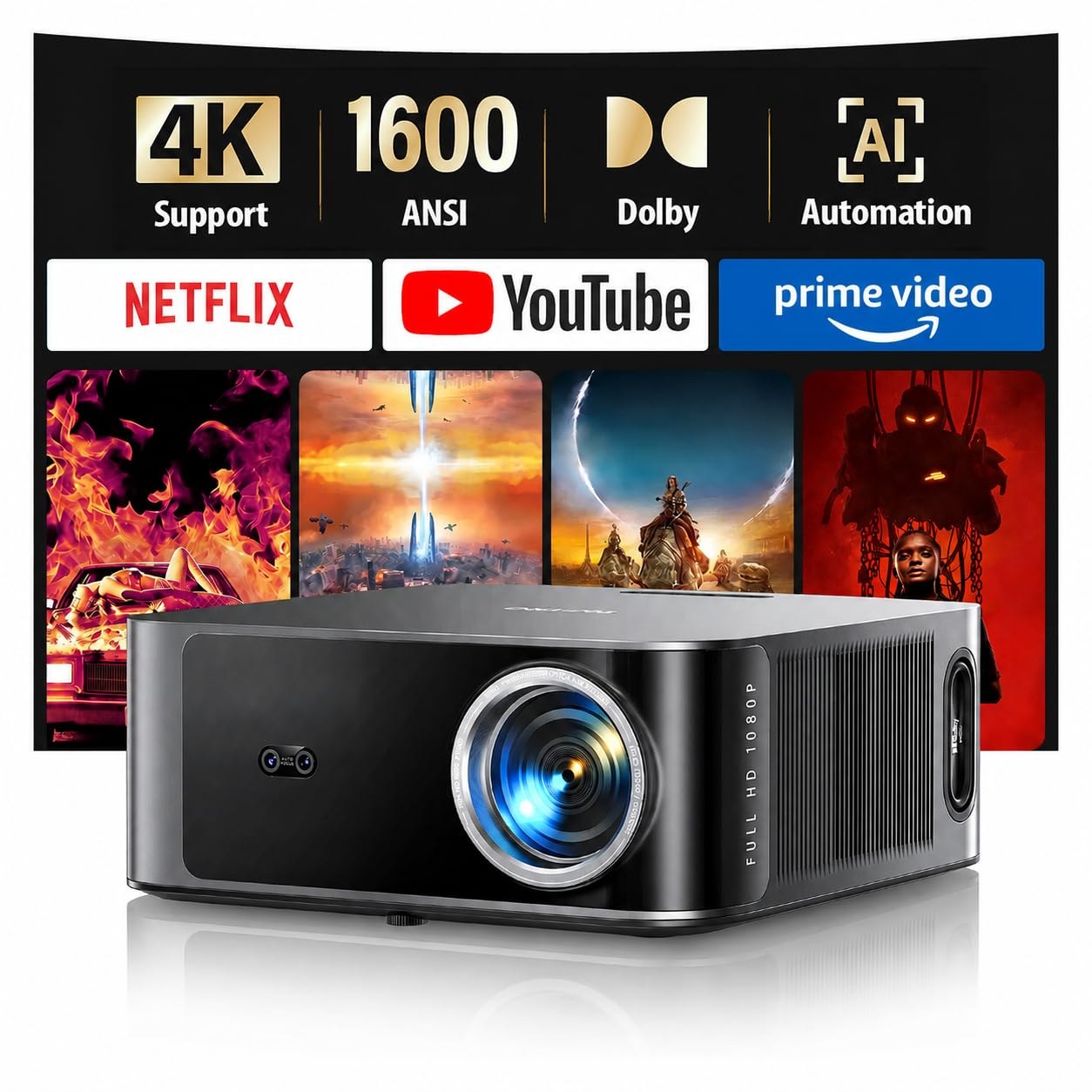 Proiettore 4k【Netflix Ufficiale/1600 ANSI/36W Dolby Audio】Proiettore Wifi 6 e Bluetooth Bidirezionale AI Autofocus/Evita Ostacoli Proiettere TV TOPTRO X9 Videoproiettore per PS5/E…