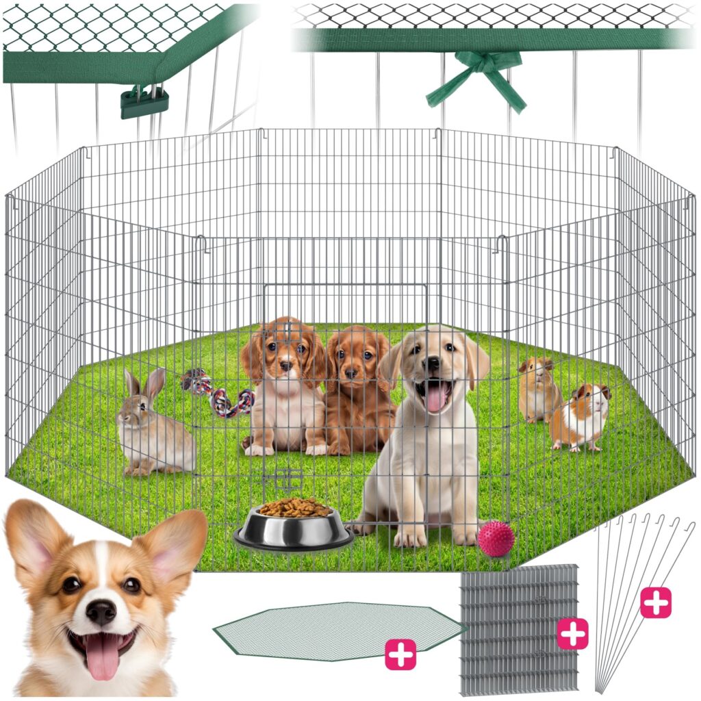 tectake® Box Animali Domestici con Rete di Sicurezza, Recinto per Piccoli Animali in Acciaio con Sistema ad Incastro, Box Doppia Chiusura, Recinto da Interno e Esterno - Ø 204 cm,…