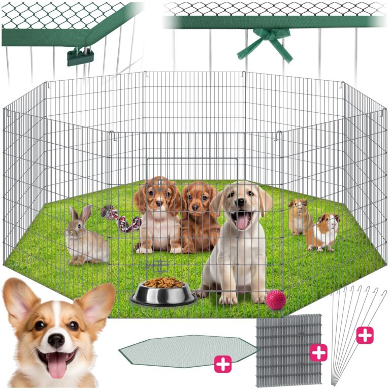 tectake® Box Animali Domestici con Rete di Sicurezza, Recinto per Piccoli Animali in Acciaio con Sistema ad Incastro, Box Doppia Chiusura, Recinto da Interno e Esterno - Ø 204 cm,…