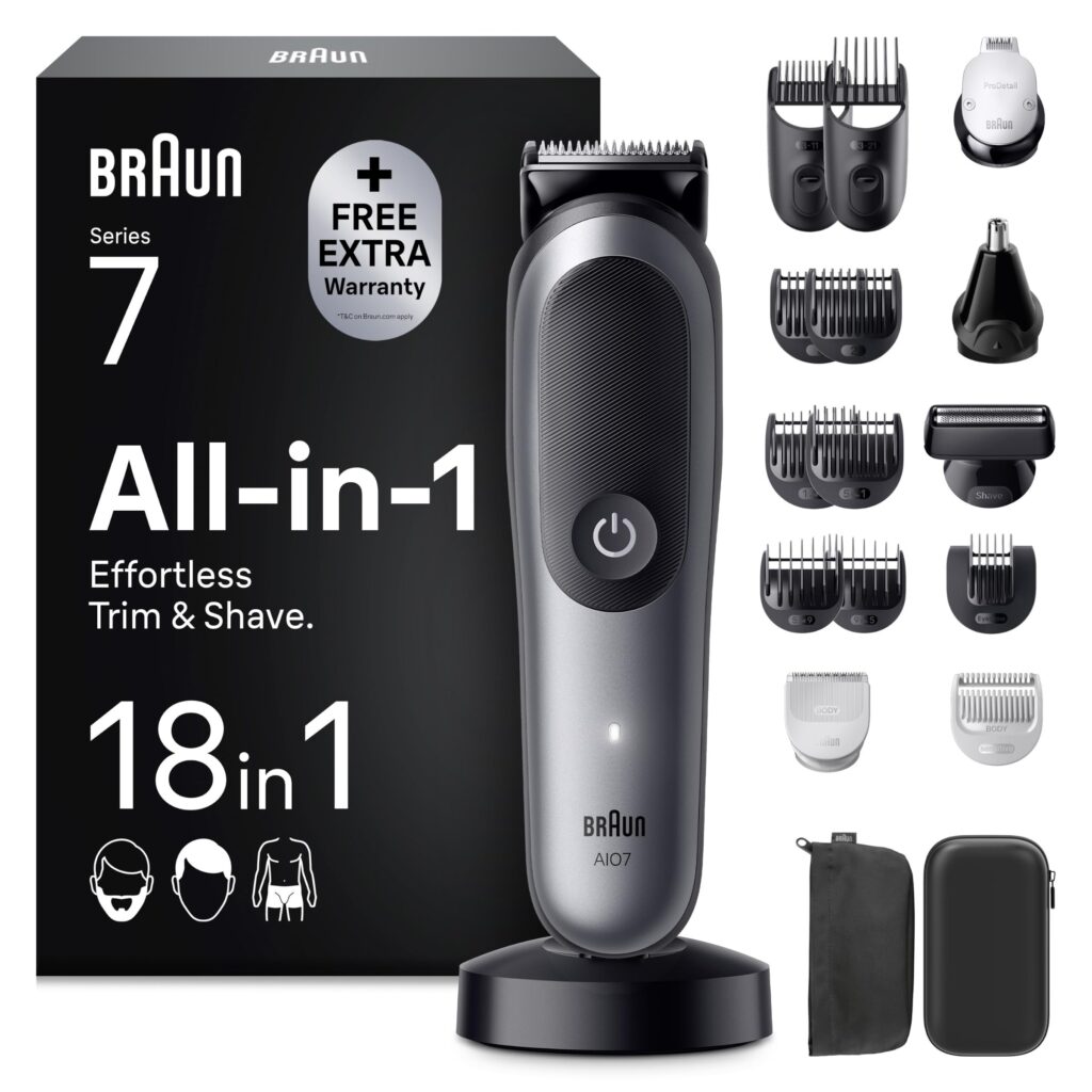 Braun Rasoio Elettrico Barba e Capelli Serie 7, Accessori AIO7585 Grigio | Rifinitore All-in-One 18in1, Lama Problade, Rasoio Elettrico Corpo Uomo, Peli Naso, Impermeabile Ricaric…