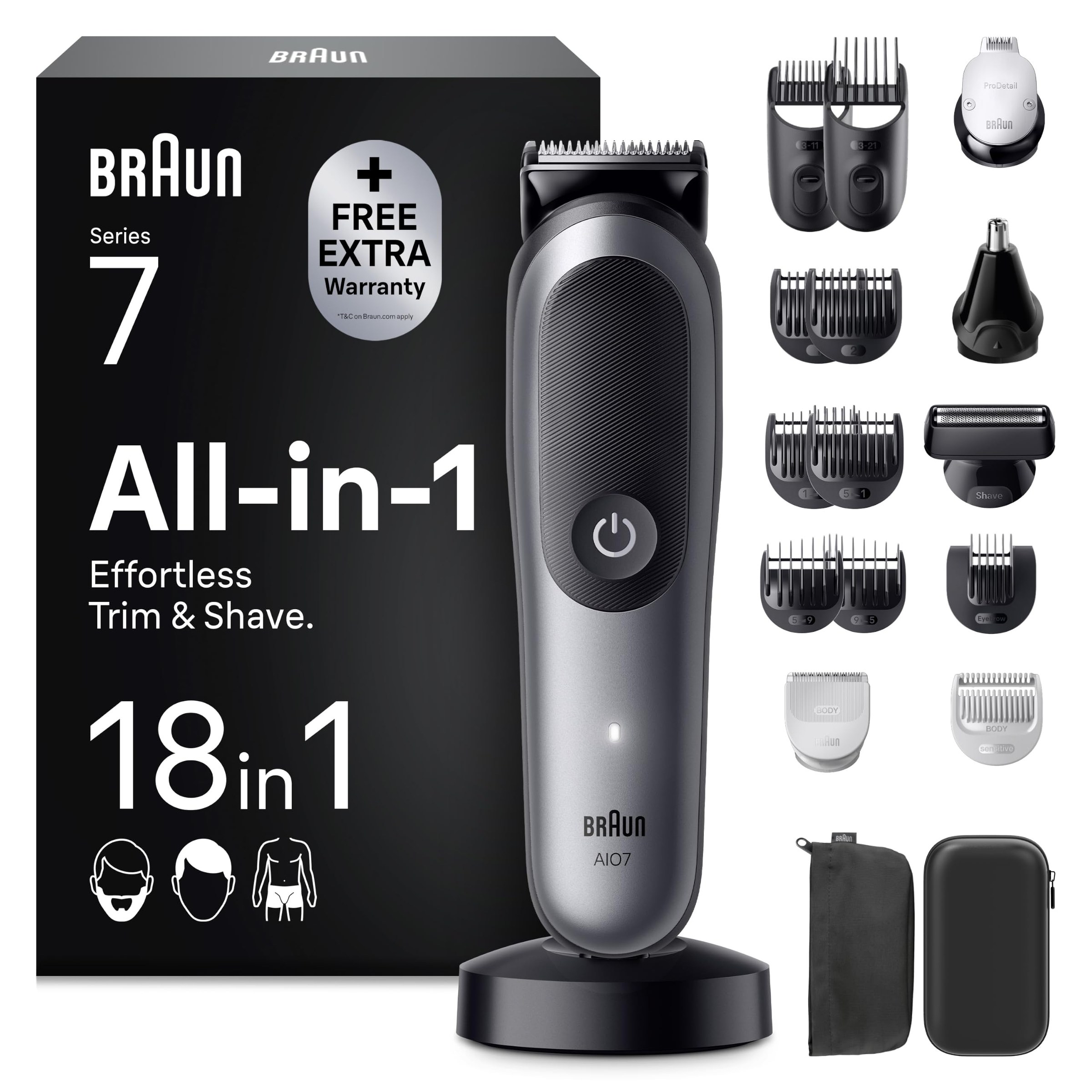 Braun Rasoio Elettrico Barba e Capelli Serie 7, Accessori AIO7585 Grigio | Rifinitore All-in-One 18in1, Lama Problade, Rasoio Elettrico Corpo Uomo, Peli Naso, Impermeabile Ricaric…
