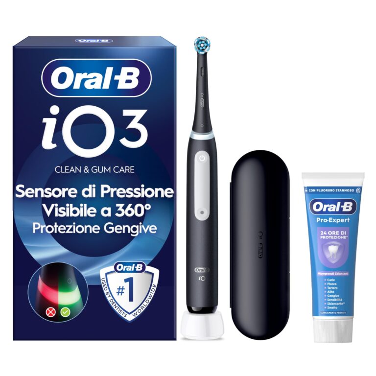 Oral-B iO 3 Spazzolino Elettrico, 1 Testina, Custodia, Dentifricio, Nero | 1 Testine di Ricambio per Spazzolino Elettrico, Ricaricabile, Custodia + 1 Dentifricio Pro-Expert Sbianc…