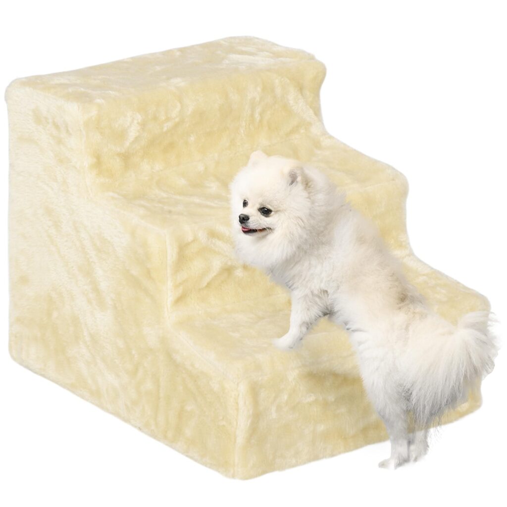 PawHut Scala per Cani e Gatti a 3 Gradini, 46x35x35 cm, Beige | Scaletta per Cani e Gatti di 4.5 kg, in Tessuto Vellutato, Sfoderabile, Lavabile