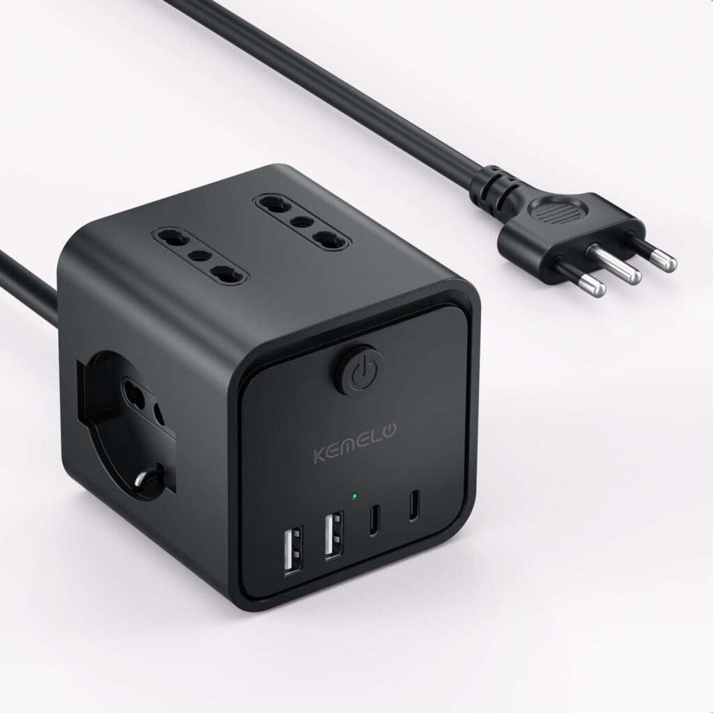 Ciabatta Elettrica Multipresa con 4 Prese Universali 10/16A ITA e Schuko, 2 M Prolunga Elettrica con 2 USB A+2 USB C,Presa Multipla Spina Piatta Salvaspazio con Interruttori per C…