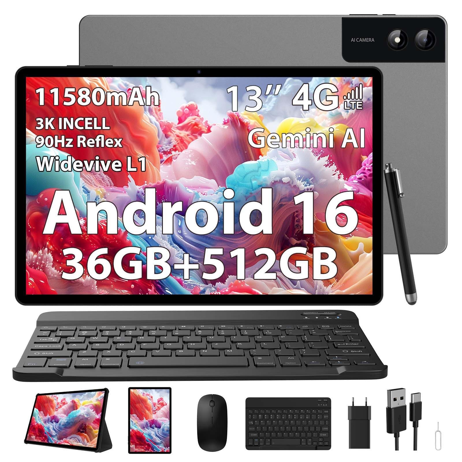 DOFACESH 3K Tablet 13 pollici con Android 16, 36GB RAM+512GB ROM (Estensione 2TB), 4G Lte/5G WiFi, 2940*1840, 11580mAh, 2.2GHz, 13+8MP, Tablet in offerta con Tastiera/WidevineL1/4…