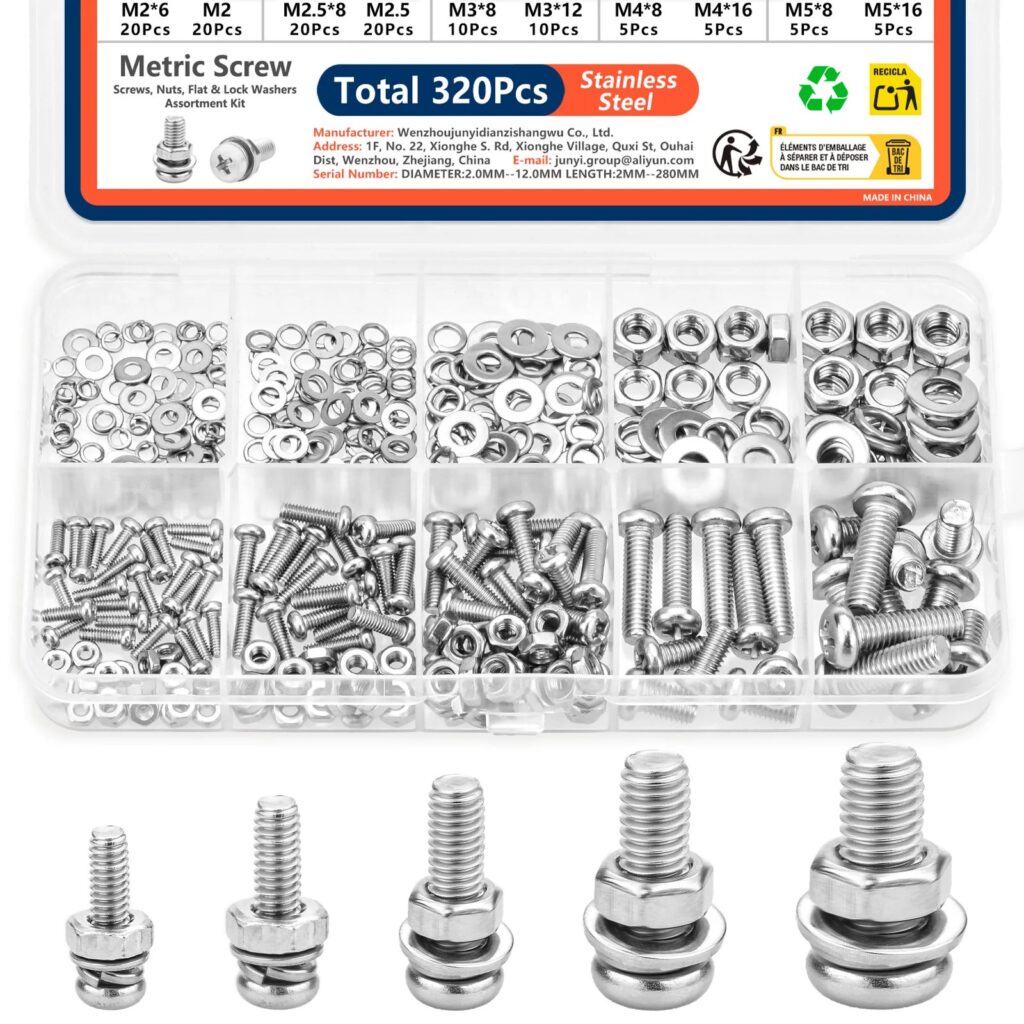 Kit Assortito di 320 Pezzi in Acciaio Inox M2 M2.5 M3 M4 M5, Viti, Dadi e Rondelle Antiruggine, Set di Ferramenta Metrica per Riparazioni Fai-da-Te