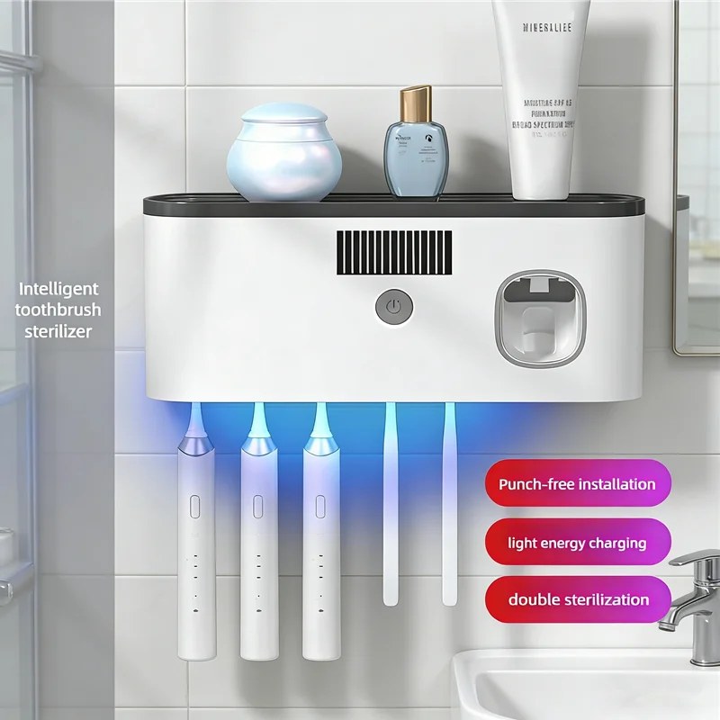 Sterilizzatore UV 3 in 1 per Spazzolini Elettrici, Portaspazzolino da Parete con Dispenser di Dentifricio Integrato