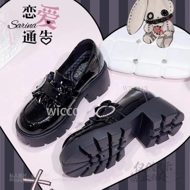 Jirai Kei Y2K Mocassino Kawaii Scarpe Strass Cuore Giapponese Basic In Pelle Nera Lolita Carino Scarpe Nere Stile Dolce Scarpe Sexy