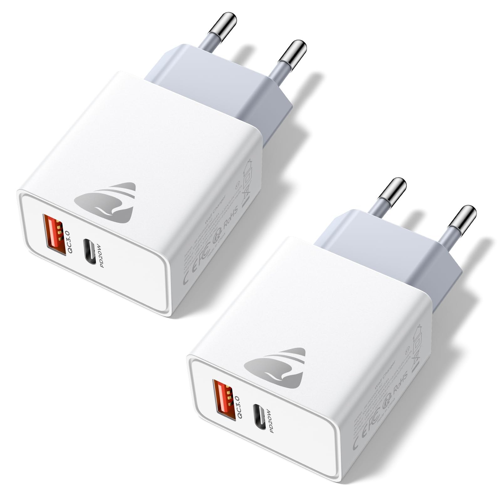 Caricatore USB C, 2 Pezzi Caricabatterie Rapido 20W, 2Porto Presa USB Caricatore Multiplo PD & QC3.0 Carica Cellulare, Spina Tipo C Alimentatore per iPhone 17 16 15 Samsung, Spino…