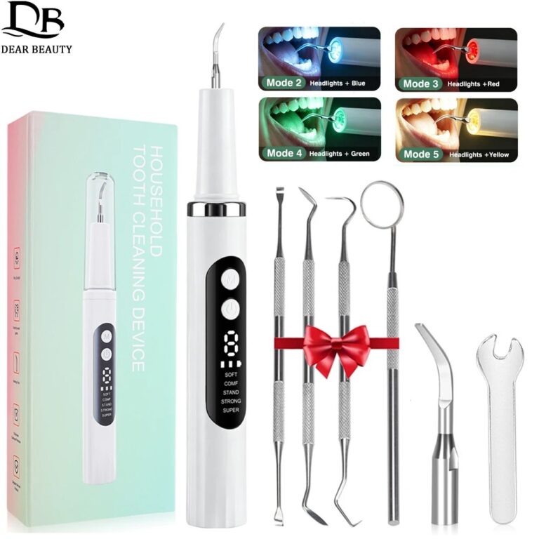 Pulitore Dentale Elettrico a Ultrasuoni con 5 Luci LED, Rimuovi Placca e Tartaro, Strumento per la Pulizia dei Denti e Cura Orale